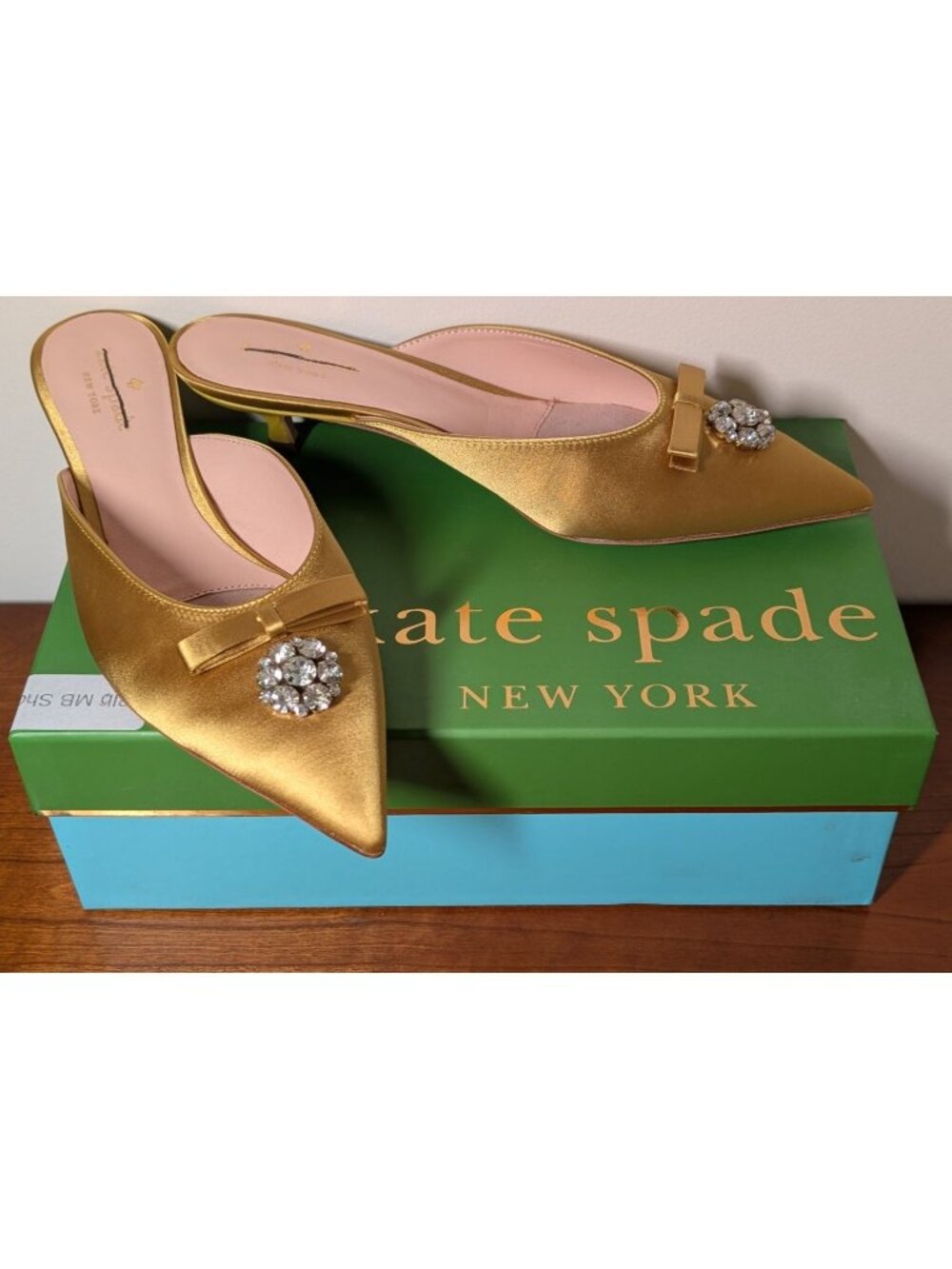 NEW Kate Spade Darlene, Roasted Maze Satin Kitten Heel Mule, Size 7.5